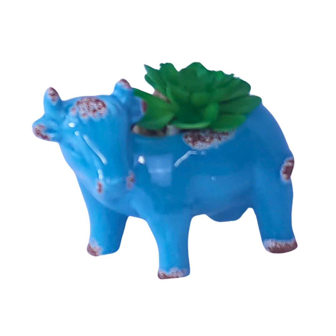 BLue Cow with Faux Succulent image 0