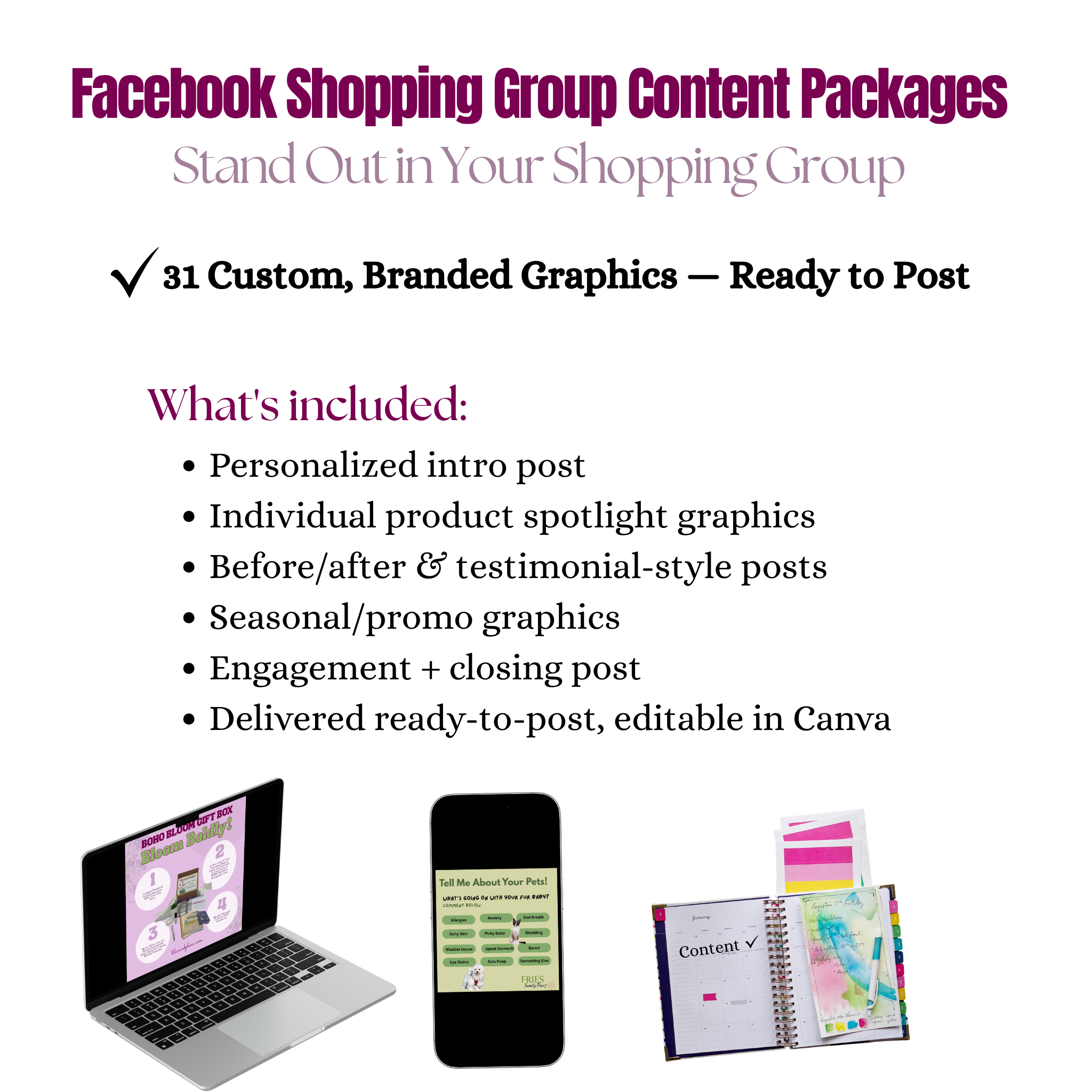 Facebook Shopping Group Content Package (31 Custom Graphics)